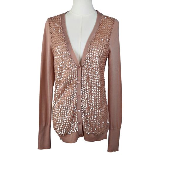 J.Crew Blush Pink Merino Wool Sequin Sweater Cardigan MEDIUM Holiday Preppy - Picture 2 of 9